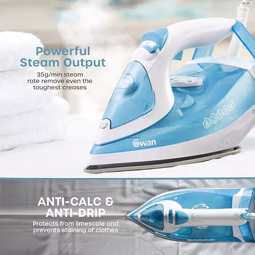 Swan 2500W Steam Iron with Ceramic Non-Stick Soleplate and Anti-Calc Function in White and Blue – 2