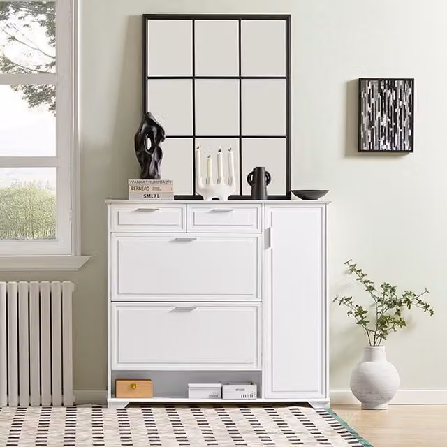 SoBuy Modern Narrow Shoe Storage Organizer Unit with Tilting Compartments and Drawers, White
