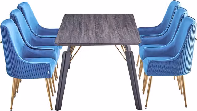 Life Interiors Soho Cosmo LUX Dining Set with Rectangular Table and 6 Blue Velvet Upholstered Chairs