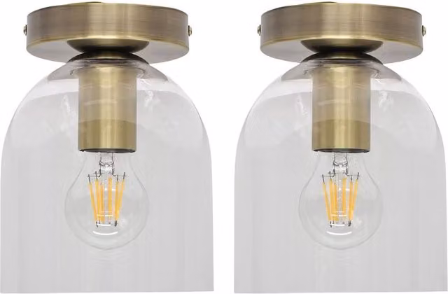 First Choice Lighting Belten Set of 2 Glass Cloche Ceiling Light Fittings in Gold/Brass and Transparent