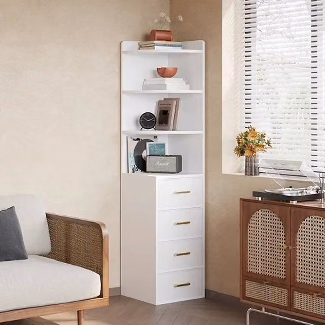 VOGREX White Corner Cabinet with 4 Shelves, 4 Drawers and Gold Handles