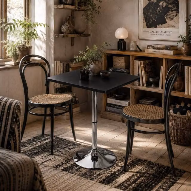 Wyld Haus Eltani Adjustable Swivel Bar Table with Black MDF Top and Silver Steel Base, W/D/H: 60 x 60 x 91 cm