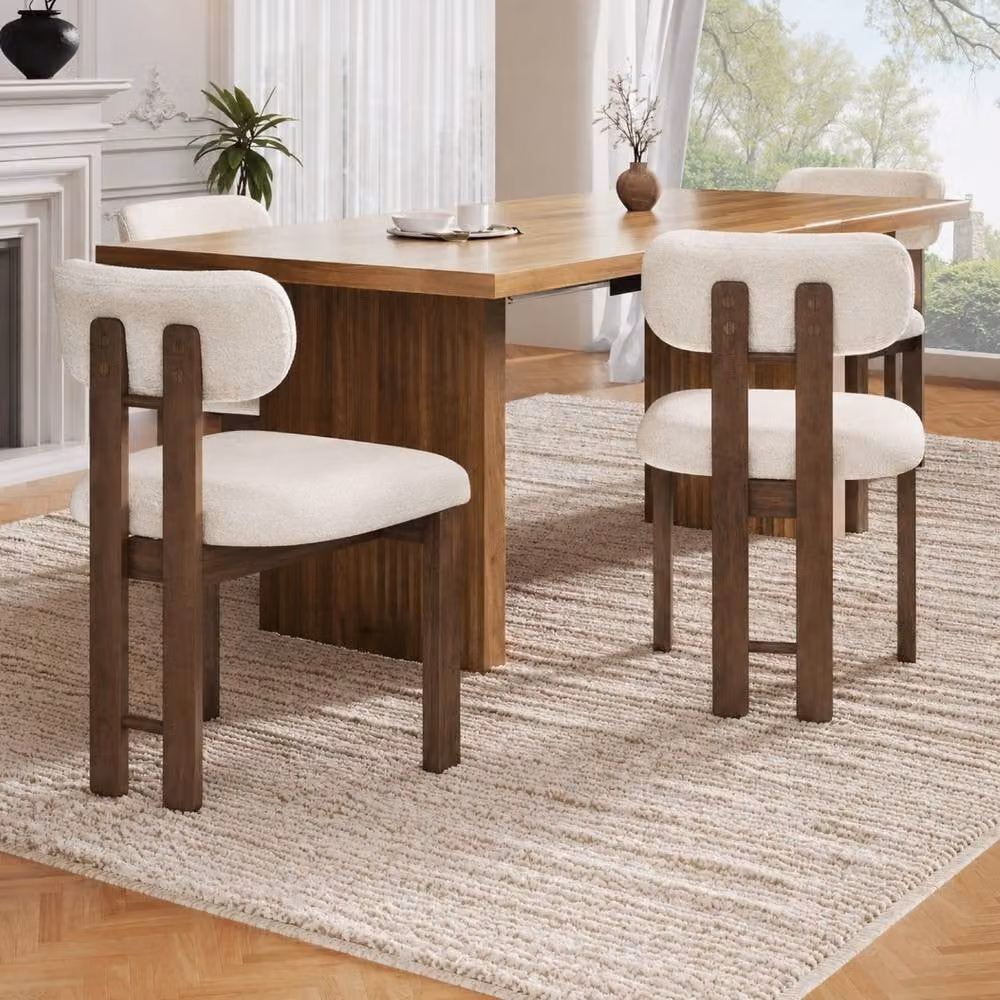 Rolipo Set of 4 Modern Solid Wood Dining Chairs in Walnut Finish with Brown and Beige Boucle Fabric – 2