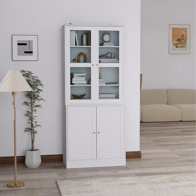 HOMCOM Modern Freestanding Kitchen Cabinet with Glass Doors and Internal Shelves in White and Yellow
