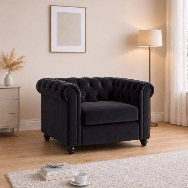 Sofaya Hampton Chesterfield 1 Seater Armchair in Black Velvet – 1