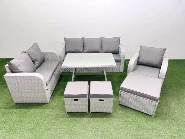 Fimous Patio Dining Table and Chairs Set with Reclining Chair and 3 Stools in Light Grey