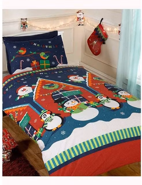 Rapport Santa's Grotto Christmas Duvet Cover and Pillowcase Set in Blue and Multicolour, Single, W: 90 cm, L: 200 cm
