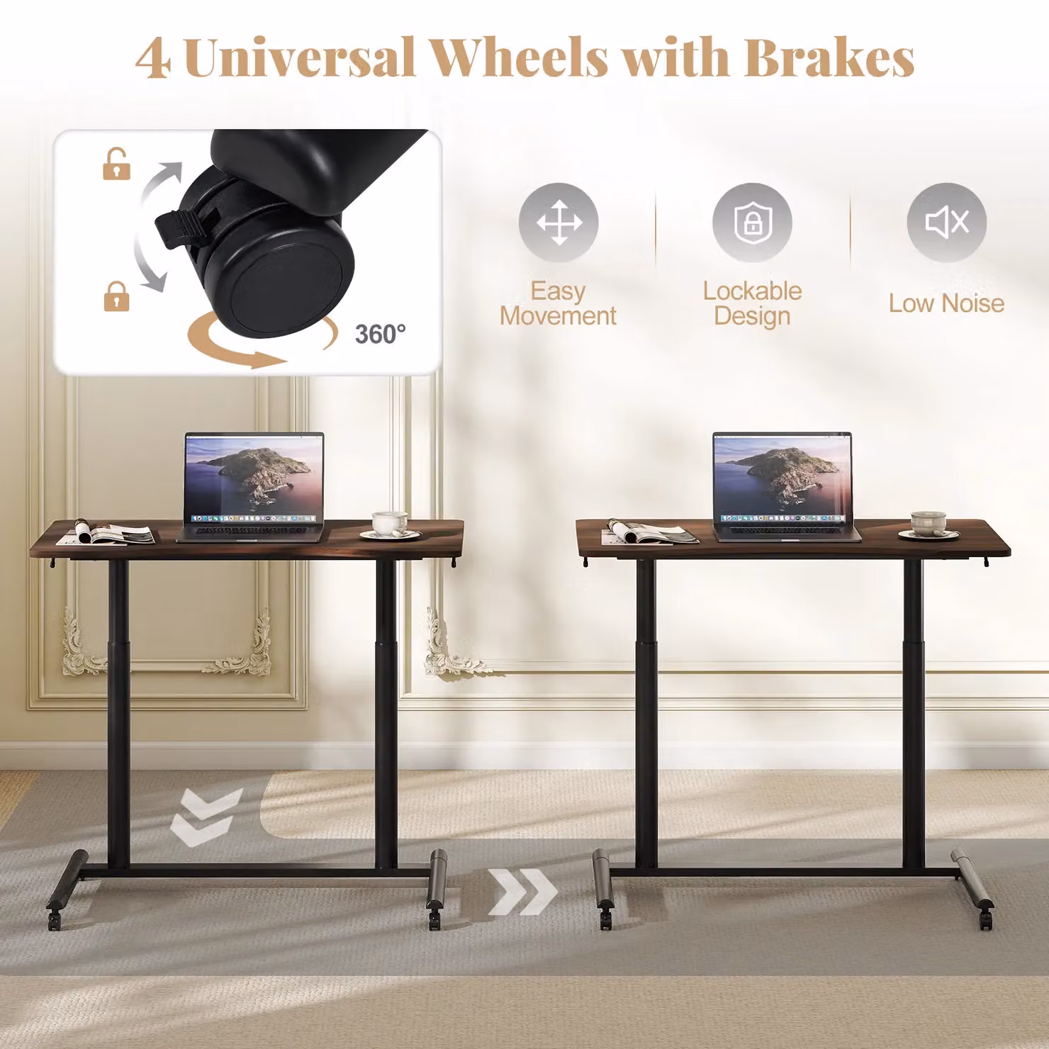 Costway C-Shaped Mobile Standing Desk with Adjustable Height and Castors, Brown – 9