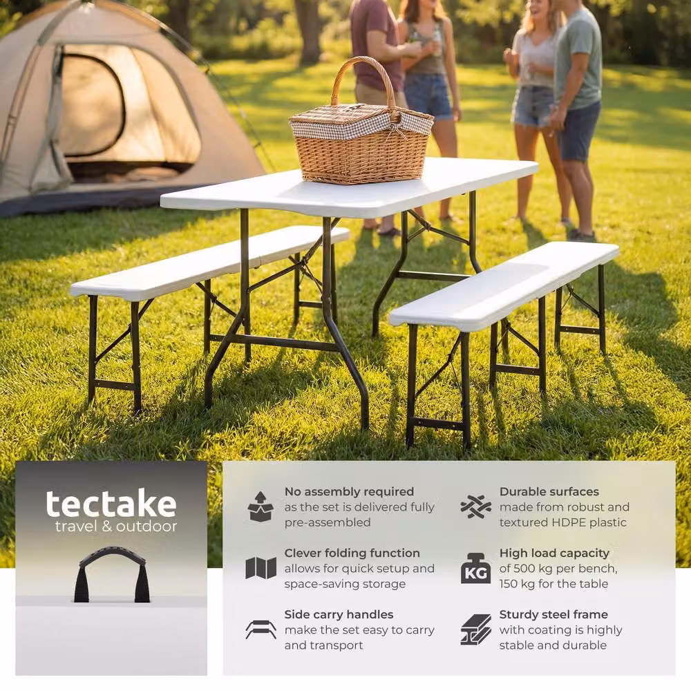 tectake Panja Foldable Camping Table Set in White, Weatherproof Rectangular Garden Table for 8 Adults – 2