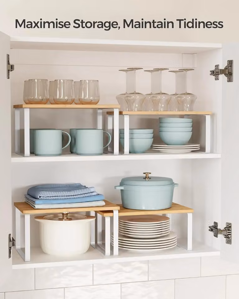 SONGMICS Set of 2 Expandable Stackable Cupboard Spice Racks in Brown Wood and Metal