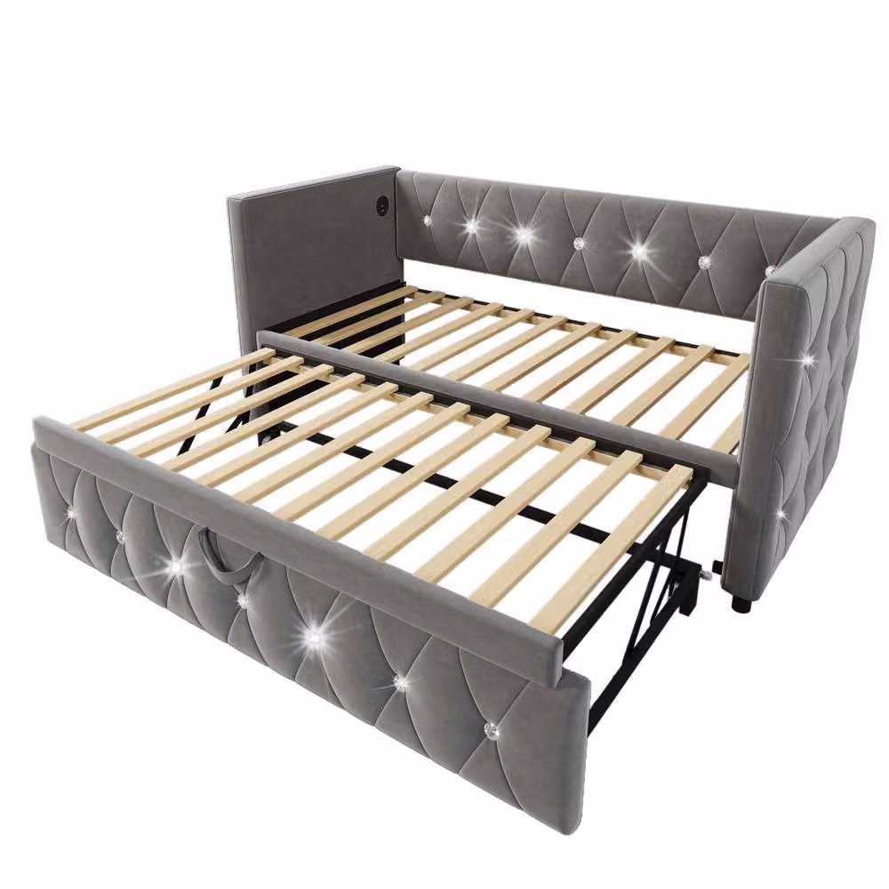 BTM Grey Velvet 3FT Daybed with Trundle and USB/Type-C Charging Ports, W/D/H: 90 x 190 x 76 cm – 3