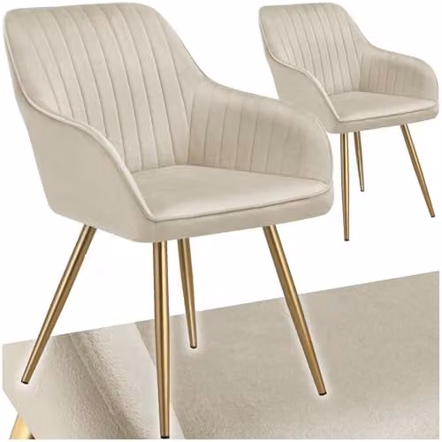 tectake Marilyn Set of 2 Dining Chairs with Velvet Fabric and Gold Metal Legs in Cream/Gold