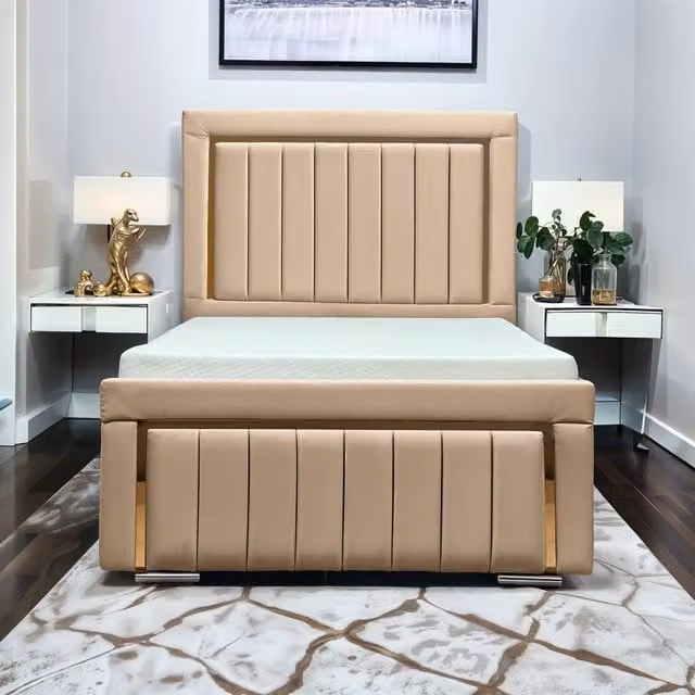 UK Bed Furniture Princess Upholstered Bed with Slatted Base and Classic Panel Headboard in Beige, W/D/H: 120 x 200 cm – 1