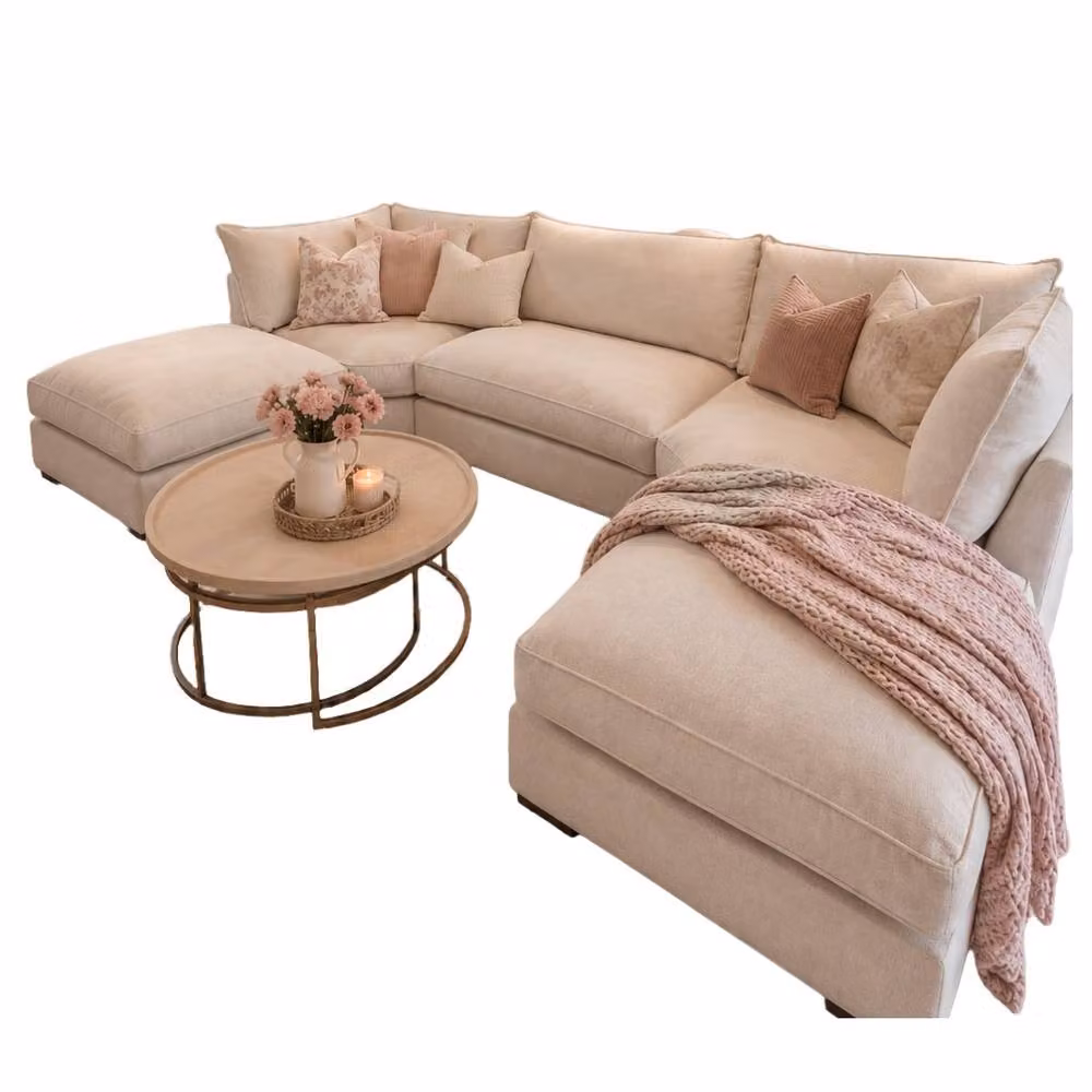 Home & Love Bishop U Shape Cinema Fixedback Corner Sofa in Naples Cream with Matching Ottoman and Scatter Cushions – 2