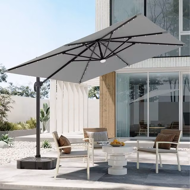 Komore Square Cantilever Parasol with Solar-Powered Lights in Grey and Black