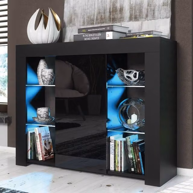 Creative Furniture Harbor Sideboard in Black with Glossy Doors and Integrated LED Lighting, W: 97 cm, H: 83 cm, D: 35 cm