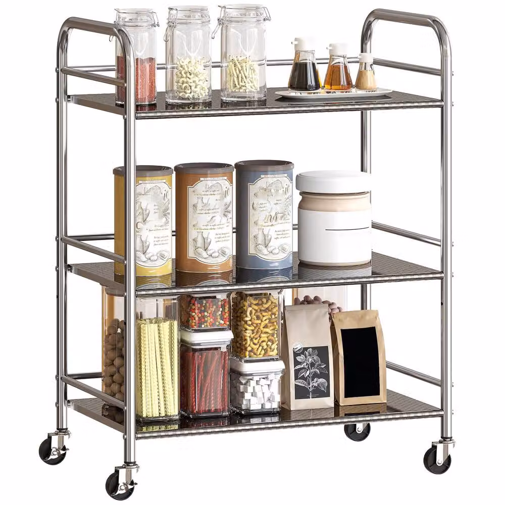 HOMCOM Silver Metal Kitchen Trolley on Wheels with Castors and Handles – 2