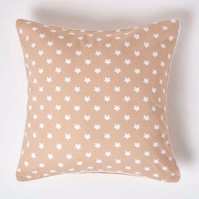 Homescapes Cotton Stars Cushion Cover in Beige and Brown, W/D/H: 60 x 60 x 1 cm
