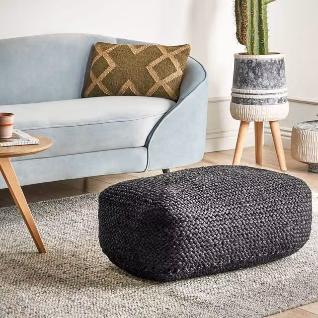 Wyld and Coco Black Jute Rectangular Floor Cushion with EPS Beads W/D/H: 70 x 40 x 20 cm