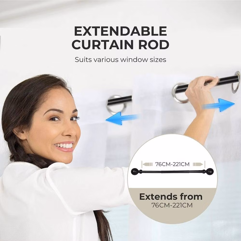 VOGREX Black Extendable Steel Curtain Rod with Pommel Ends – 5