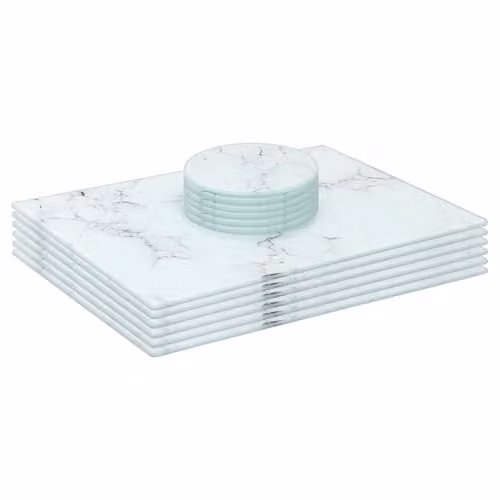 Harbour Housewares 12pc White Marble Effect Glass Placemats and Coasters Set, W/D: 30 x 20 cm