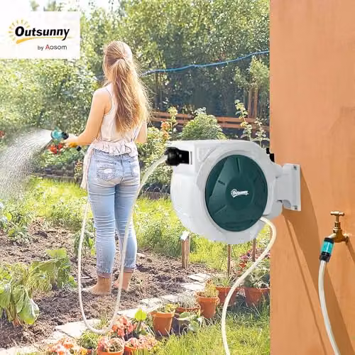 Outsunny Wall Mounted Retractable Hose Reel in Light Grey and Green – 2