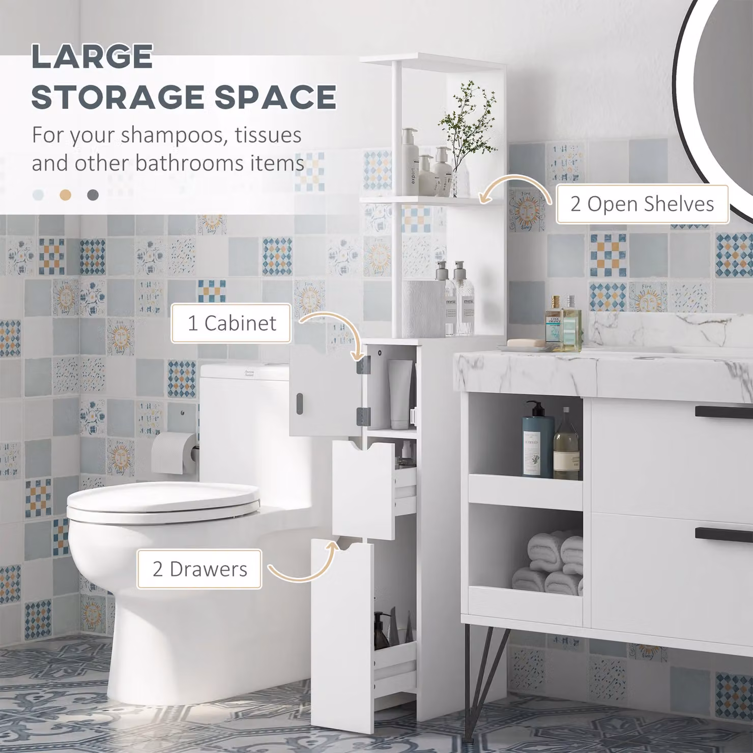 HOMCOM Tall White Freestanding Bathroom Storage Cabinet with Internal Drawers and Shelves – 3