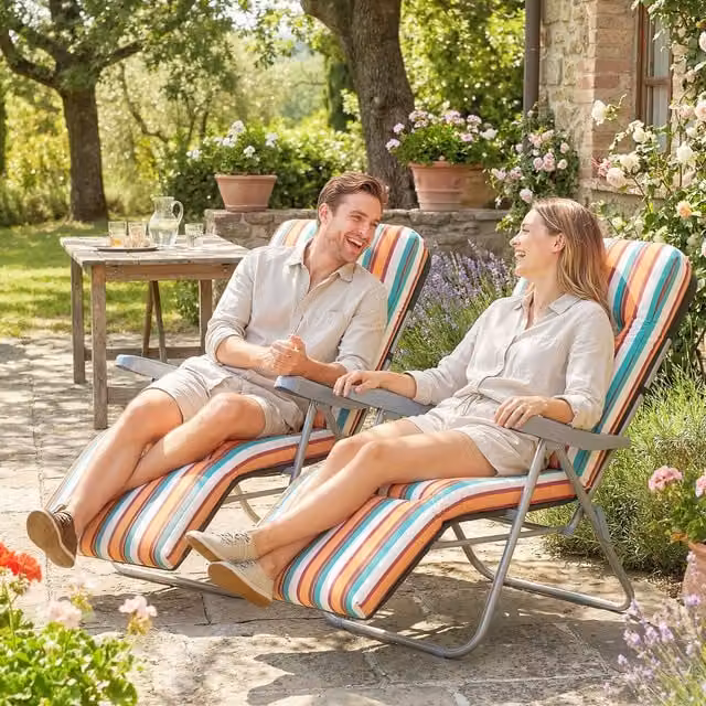 Outsunny Set of 2 Adjustable Sun Lounger Recliners with Armrests and Weatherproof Striped Cushions in Grey and Multicolour