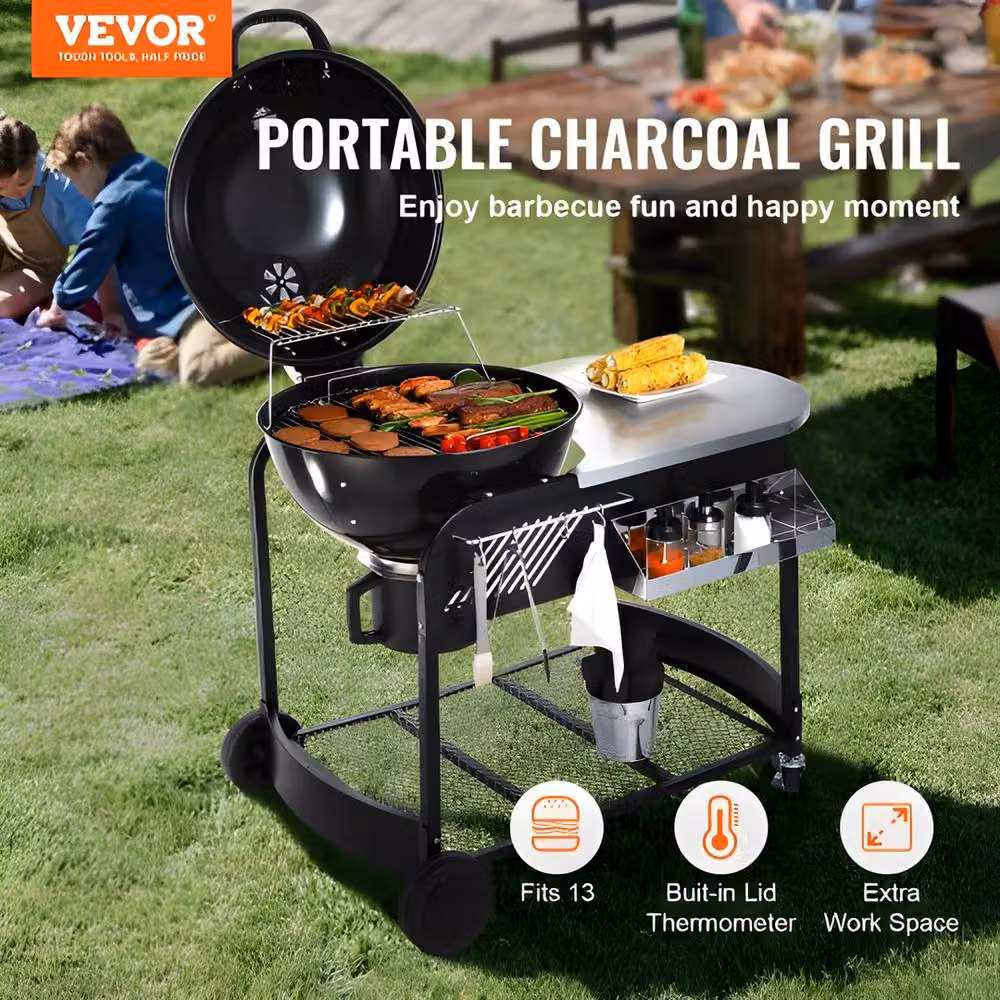 VEVOR Heavy Duty Charcoal Grill with Cover, Cart and Thermometer, Black, W: 53.34 cm, H: 101.0 cm, D: 53.34 cm – 5