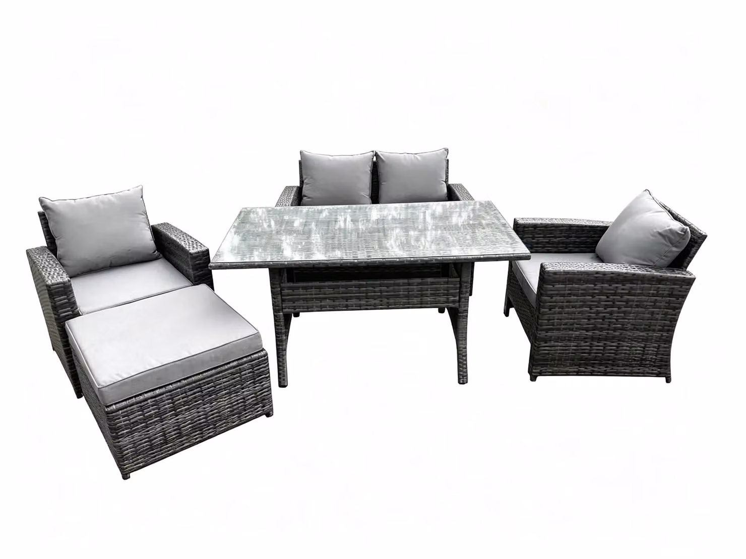 Fimous 5 Seater Dark Grey High Back Rattan Outdoor Dining Set with Love Seat and Large Footstool – 2