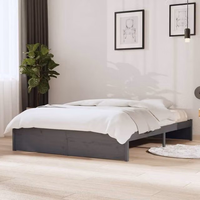 Berkfield Home Modern Grey Solid Pine Wood Double Bed Frame W: 135 cm, L: 190 cm – 1