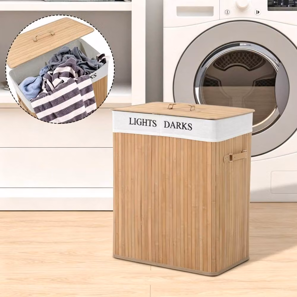 STILVORA Wood Laundry Hamper with Lid and Removable Lining, 100L, Natural Brown and Beige – 2