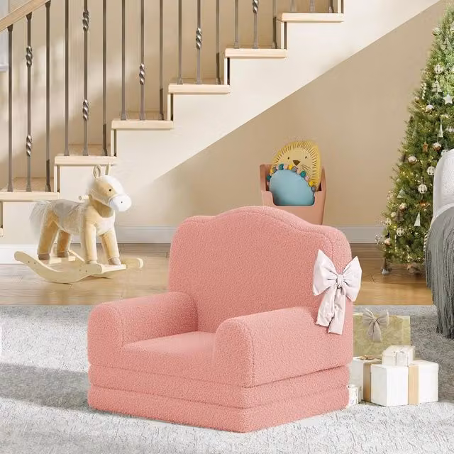 London Boutique Pink Bouclé Convertible Kids Couch and Sofa Bed 2-in-1 Folding Toddler Chair