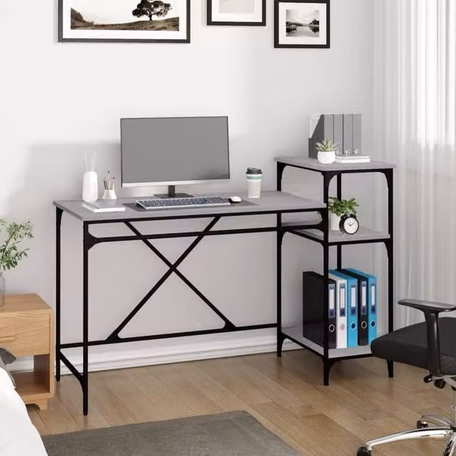 Berkfield Home Charming Writing Desk with Shelves in Grey Sonoma, W/D/H: 135 x 50 x 90 cm – 1