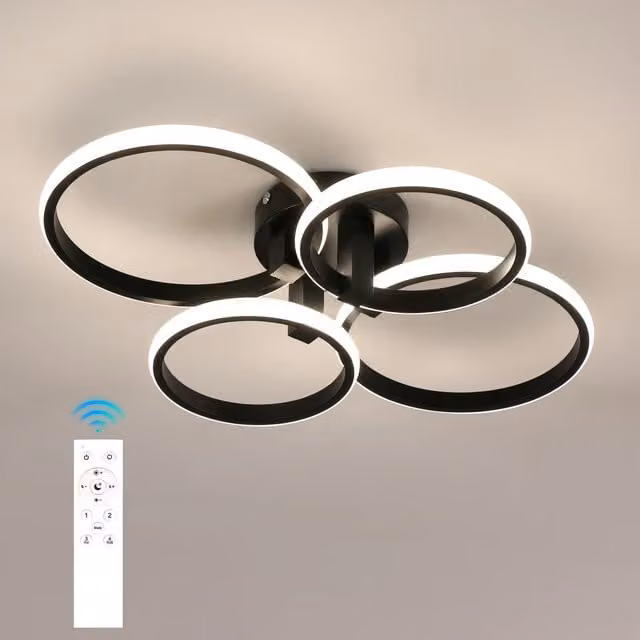 Pheashine Modern 76W 4-Head LED Ceiling Light with Remote Control and Dimmable CCT, Black