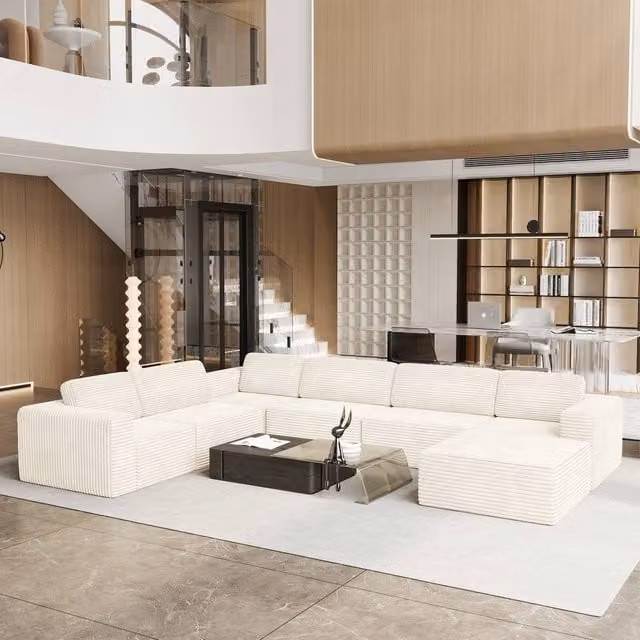 Dprodo Corduroy Modular 6-Seater L-Shape Corner Sofa with Matching Ottoman in Beige – 1