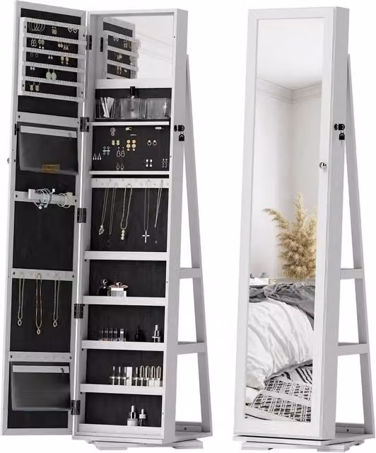 Pirlo Plush Modern Full Length Freestanding Mirror with Internal Shelves and Lock, White, H 160 cm x W 38 cm x D 20 cm