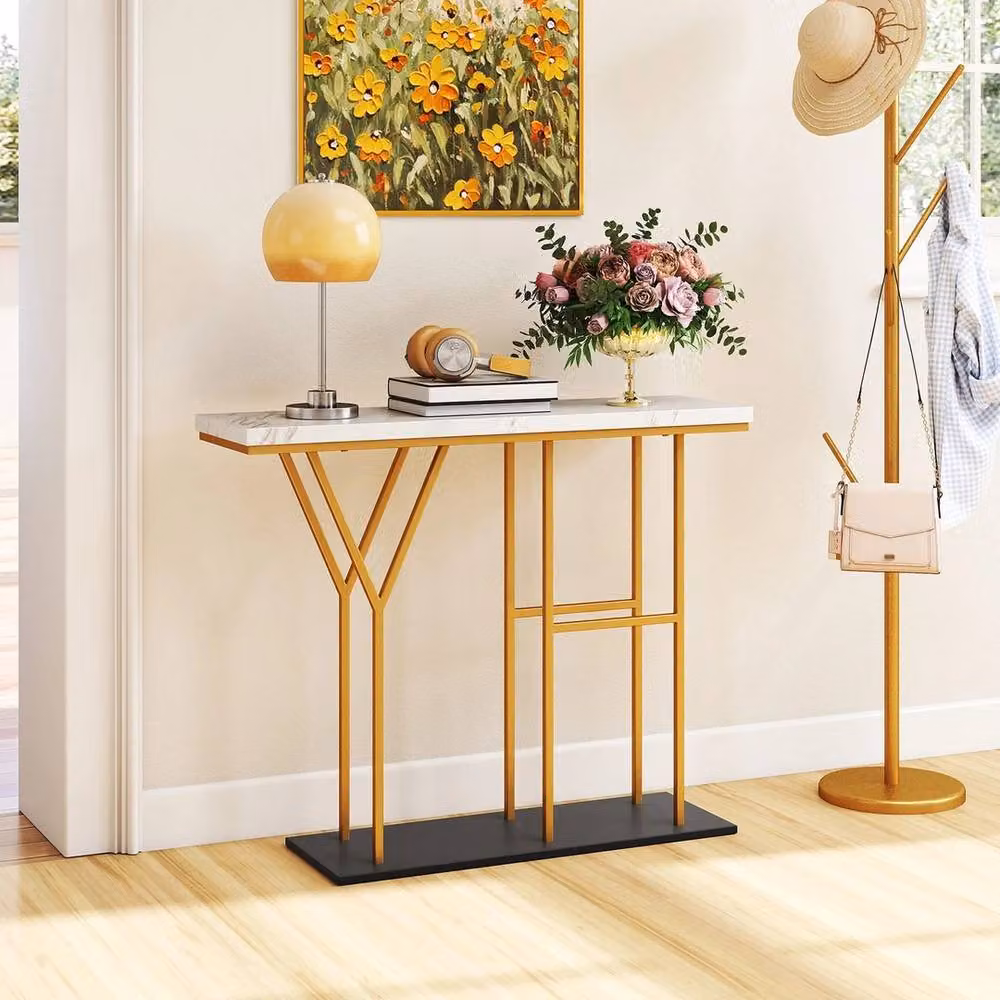 VOGREX White 2 Tier Faux Marble Console Table, W: 100 cm, D: 30 cm, H: 81 cm – 2