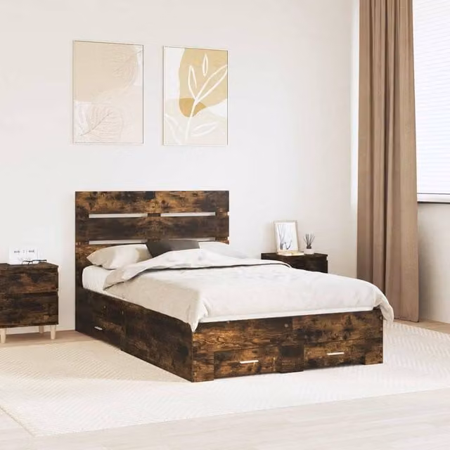 Berkfield Home Modern Bed Frame with Drawers in Smoked Oak Brown, W/D/H: 135 x 190 cm