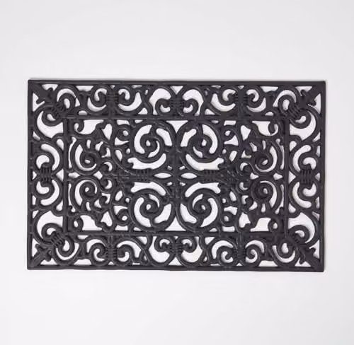 Homescapes Black Wrought Iron Effect Rubber Doormat, W/D: 70 x 45 cm