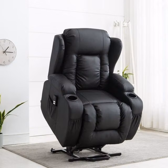 More4Homes Caesar Dual Motor Rise Recliner Bonded Leather Mobility Armchair with Heat and Massage in Black, W/D/H: 95 x 98 x 105 cm
