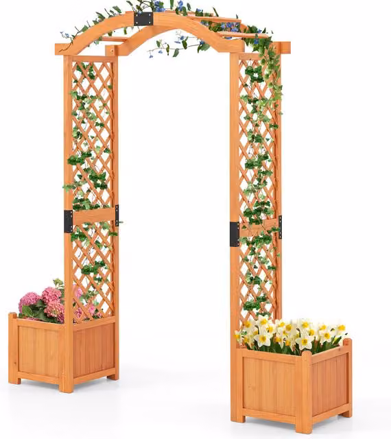 COSTWAY Curved Wooden Garden Arbor Trellis with Planter Boxes and Climber Support in Orange