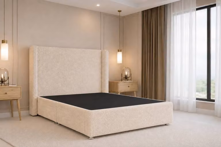 Nexus Mattresses Ltd Portofino Teddy Sprung Divan Set with 54 inch Winged Headboard, No Drawers, Beige Bouclé Fabric, W/D/H: 120 x 200 cm
