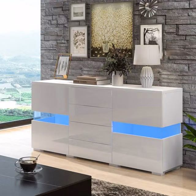 STILVORA Modern White Glossy TV Unit with Integrated LED Lights and Media Compartments, Width: 140 cm