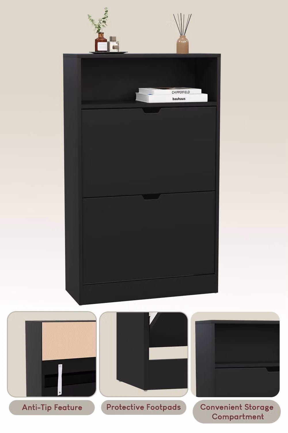 HD Designs Modern Black 2 Drawer Shoe Cabinet with Tilting Compartments and Internal Shelves – 5