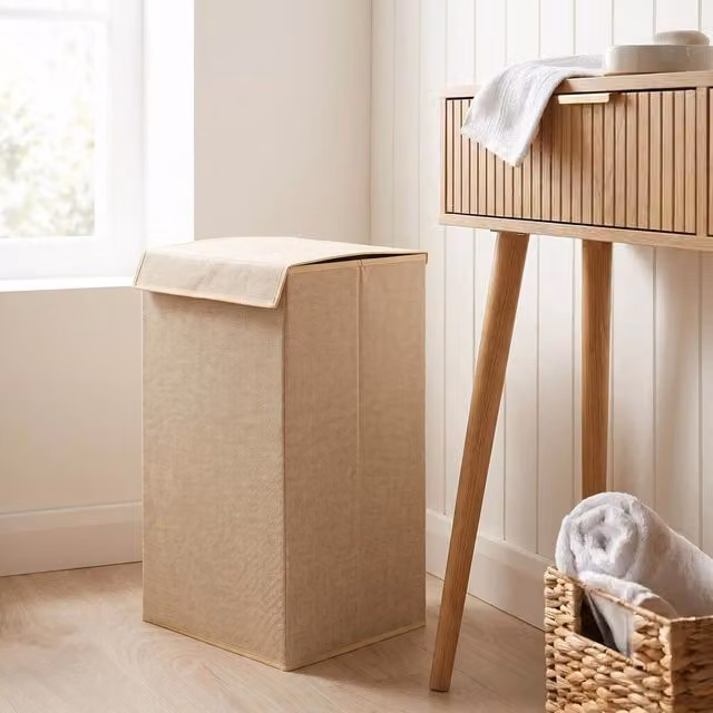 OHS Faux Linen Folding Laundry Basket Hamper Bag with Lid in Beige