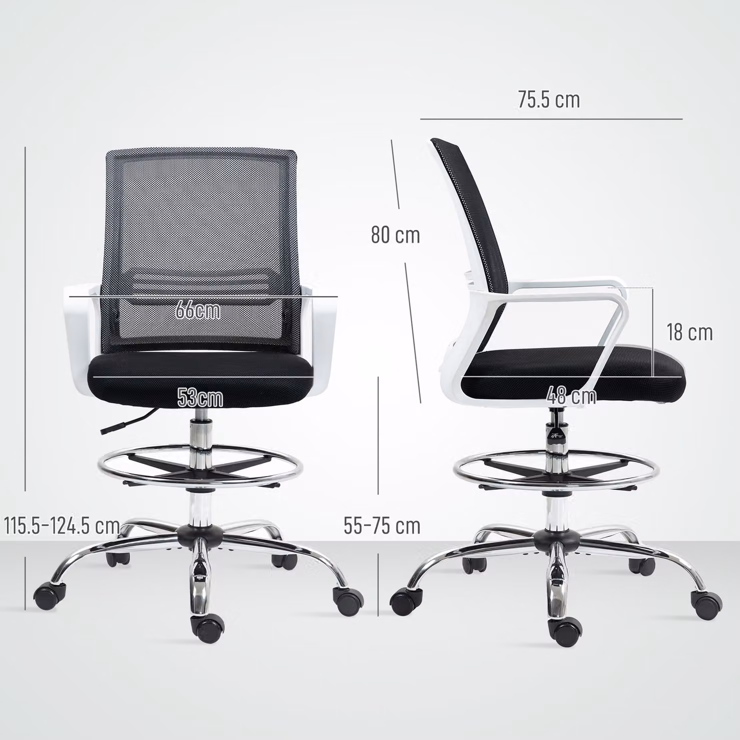 HOMCOM Black Ergonomic Mesh Drafting Chair with Lumbar Support and Adjustable Foot Ring – 3