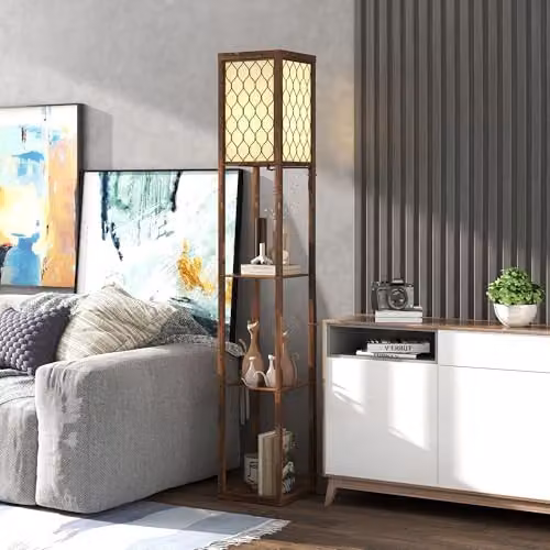 HOMCOM Rustic Brown Floor Lamp with 3 Wood Shelves and Fabric Lampshade – 6