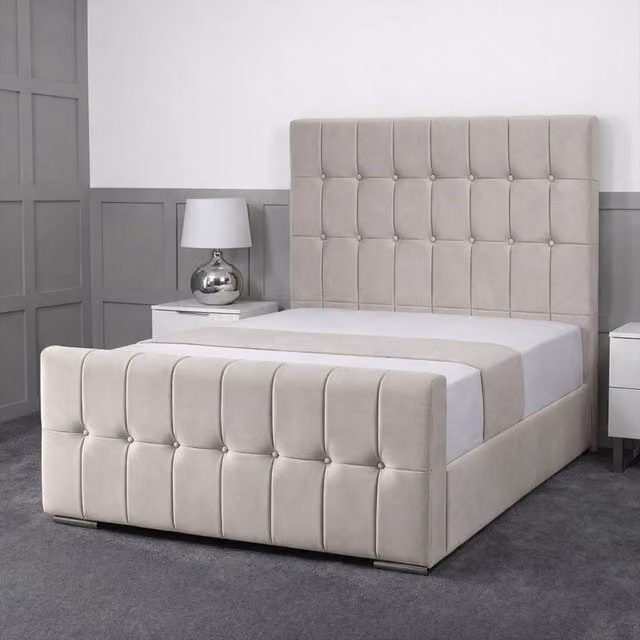 Living Comfort Bedz Belmont Plush Velvet Upholstered Bed with Slatted Base and 48 Inch Headboard in Light Grey, Super King Size