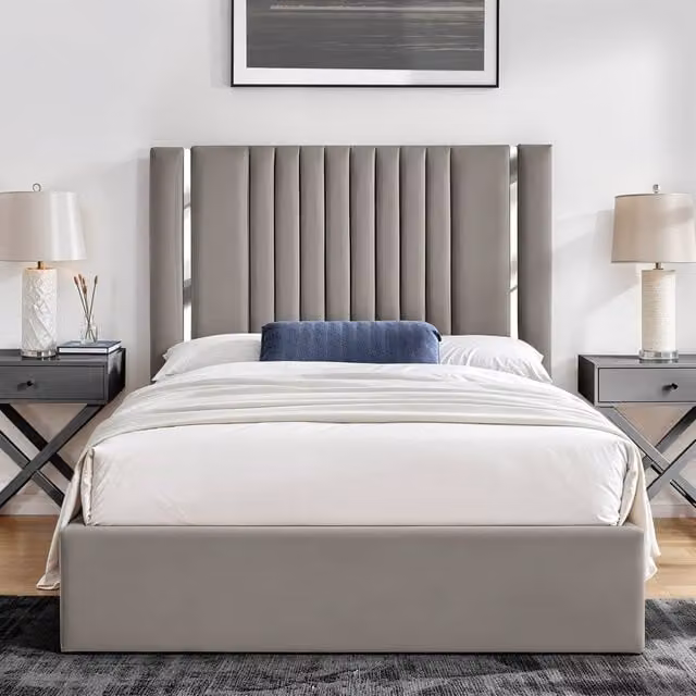 UK Bed Furniture Valencia Upholstered Slatted Base Bed with 48 Inch Panel Headboard in Light Beige, Size: Single (W/D/H: 90 x 190 cm) – 1